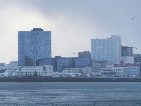 View of Sæbraut and buildings as seen from the ocean