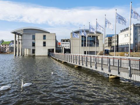 City Hall, viewed from the start of the bridge. Two swans in the foreground on the left, with the flag pole stand displaying Reykjavík flags visible at the top right of the bridge.