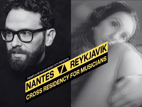 Composite image, Úlfur Eldjárn on the left, Julie Trouvé on the right. Black and white. Graphic sign in the center indicating they will participate in the Nantes residency music collaboration