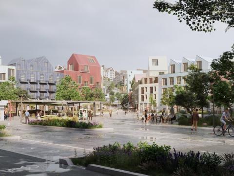 Teiknuð mynd af húsum og torgi.