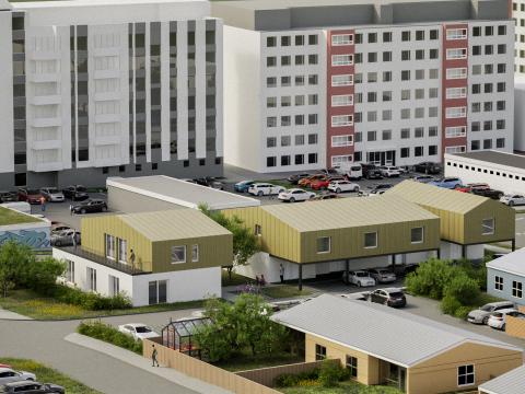 The Krummahólar proposal calls for six new homes featuring two-story townhouses and duplexes designed for families. 