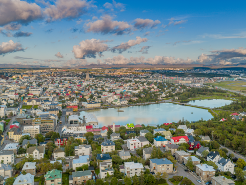 Aerial view of Reykjavík from the west, overlooking Tjörnin pond on a beautiful summer day