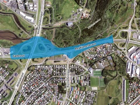 overview map of the Reykjanesbraut and Bústaðavegur intersection.