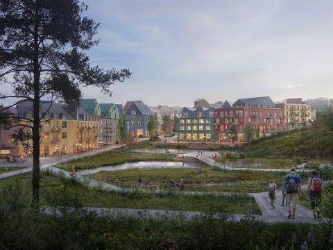 Teikning af húsum, gróðri og fólki.