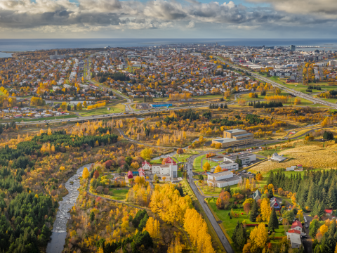 Reykjavík in fall colors seen from the air over Elliðaárdalur