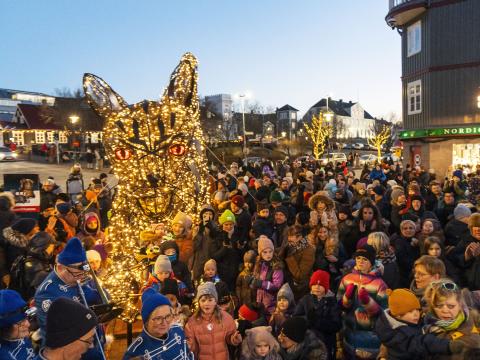 Tendrun jólakattar á Lækjartorgi. Mannfjöldi í kvöldhúmi, kötturinn lýstur  upp.