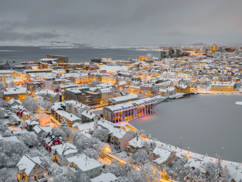 Ráðhúsið og Tjörnin ásamt nánasta umhverfi úr lofti í miklum snjó