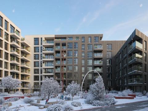 mynd af húsi, gróðri og bogalistaverki.