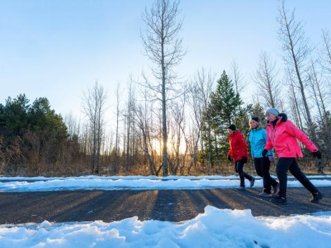 Þrjár konur á göngu í vetrarsól.