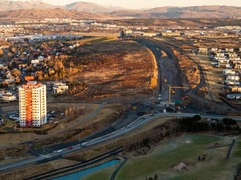 Aerial view of the road and buildings.