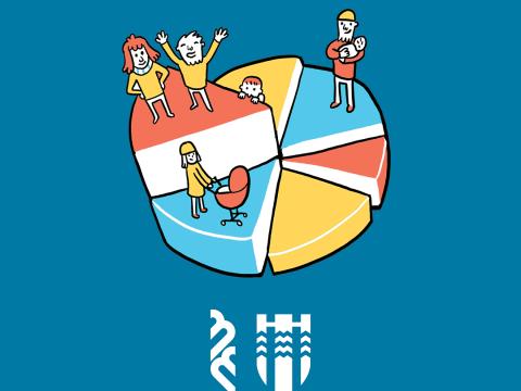 Teiknuð mynd af fólki standandi á kökum í kökuriti. Marglituð kaka, blátt umhverfi. Neðst eru merki Reykjavíkurborgar og Borgarbókasafnsins