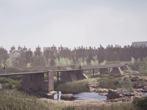 teikning af brú, gróðri og á.