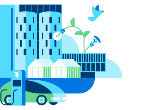 Teikning af rafmagnsbíl fyrir framan blokkir.