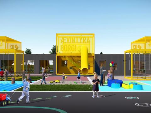 Tölvuteiknuð mynd af Ævintýraborg og leiksvæði.