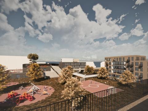 Tölvuteiknuð mynd af leikskólasvæði við Völvufell.