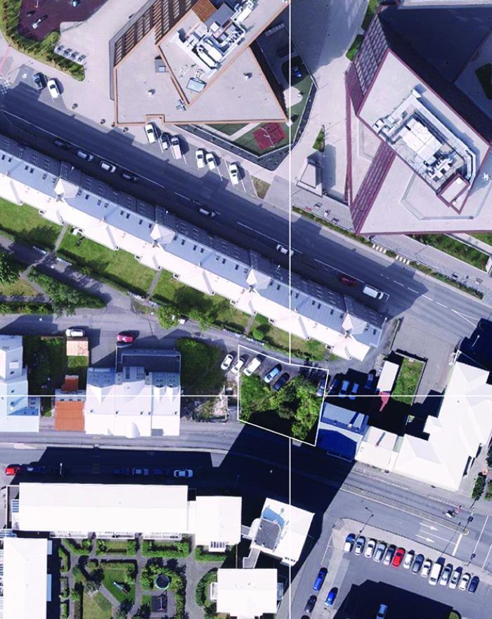 Loftmynd af lóð á Laugavegi