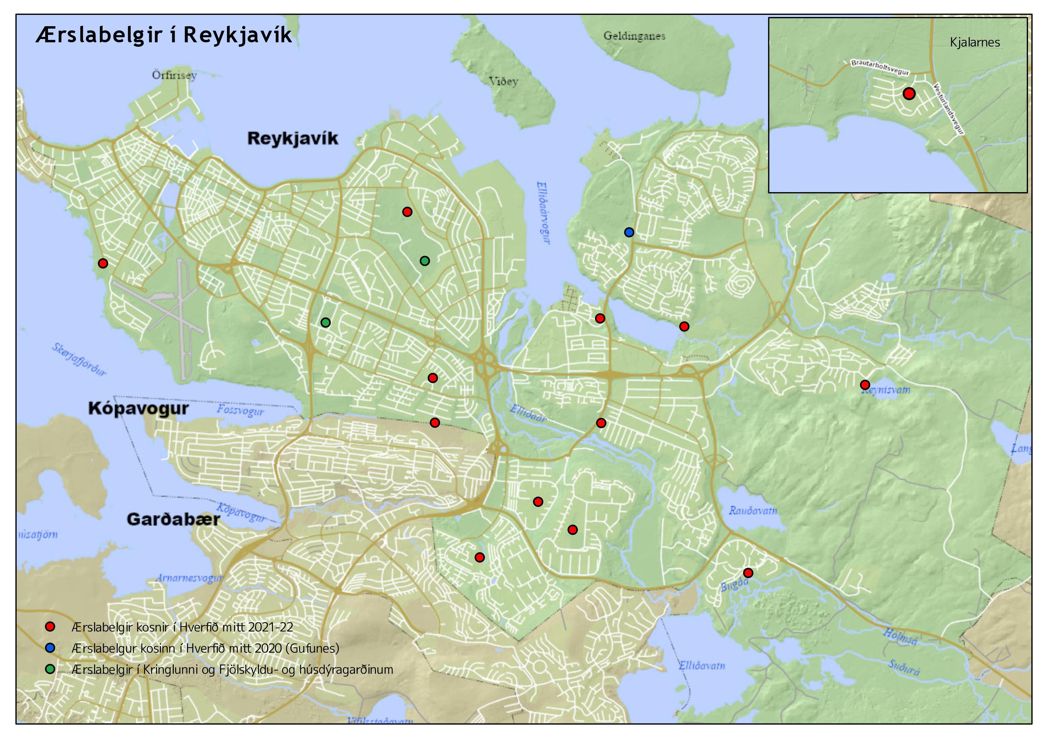 Kort yfir núverandi og tilvonandi ærslabelgi í Reykjavík.