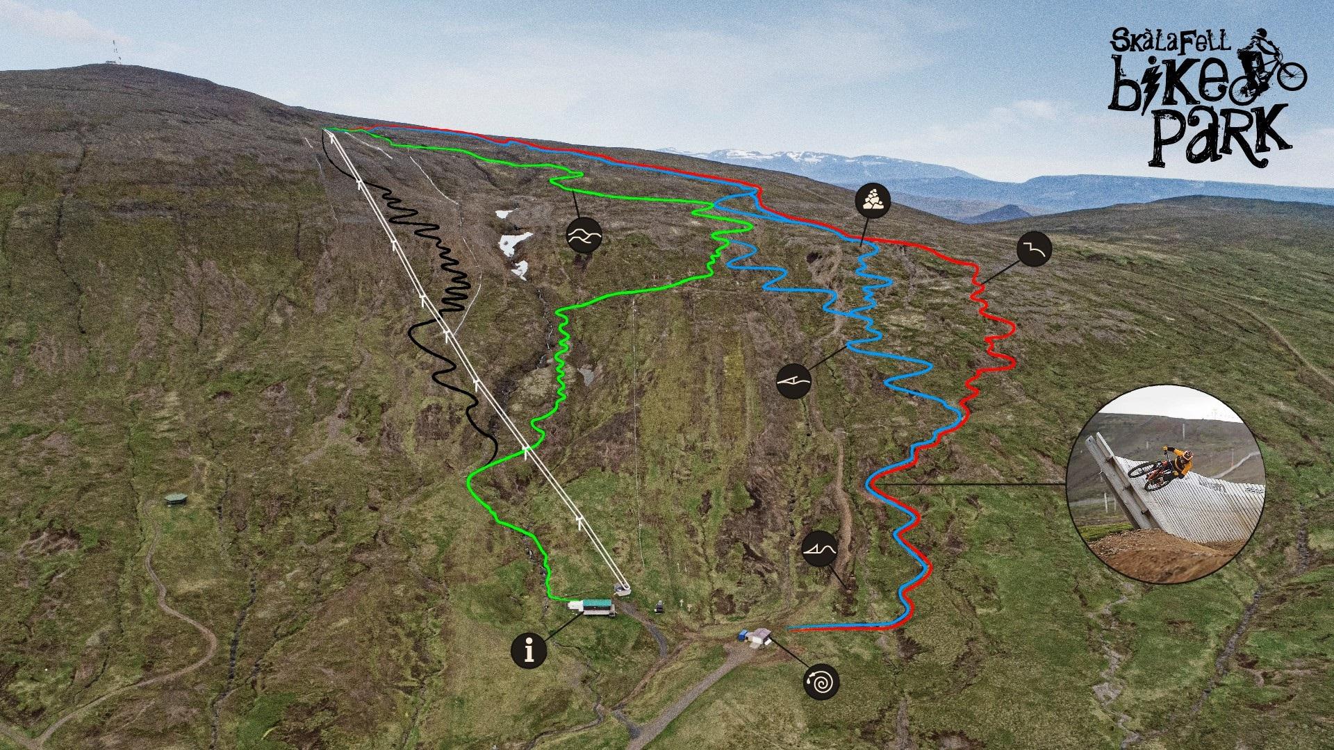 Kort yfir brautirnar í Skálafell Bike Park.