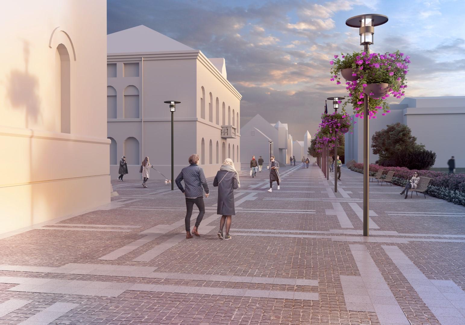 Þrívíddarteikning af breytingum á Kirkjustræti við Alþingishúsið að degi.