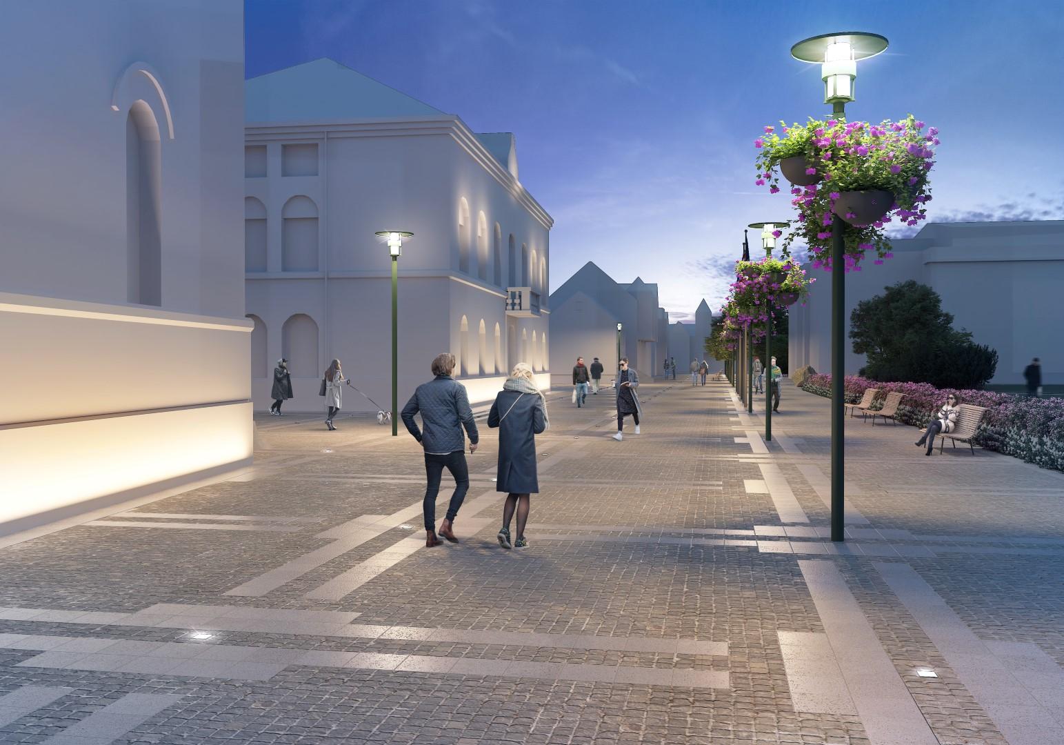 Þrívíddarteikning af breytingum á Kirkjustræti við Alþingishúsið að kvöldi.