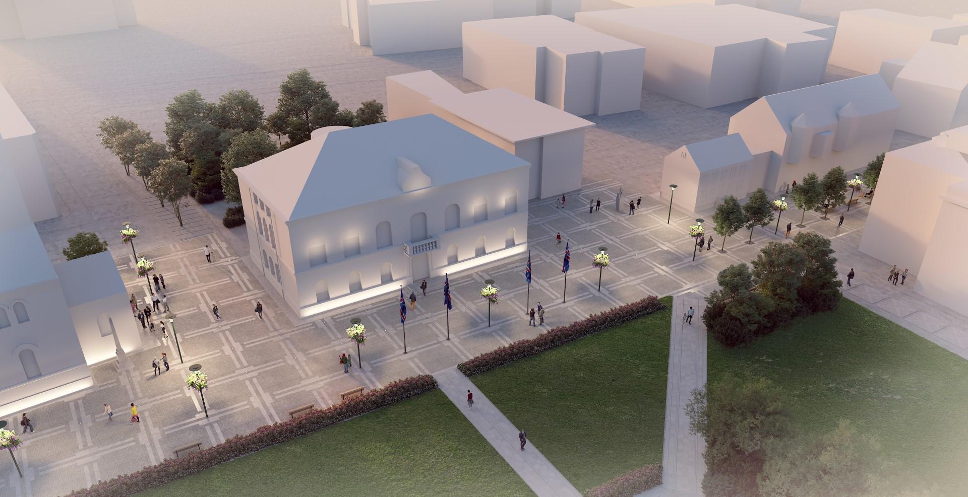 Víð þrívíddarteikning af breytingum á Kirkjustræti við Alþingishúsið.