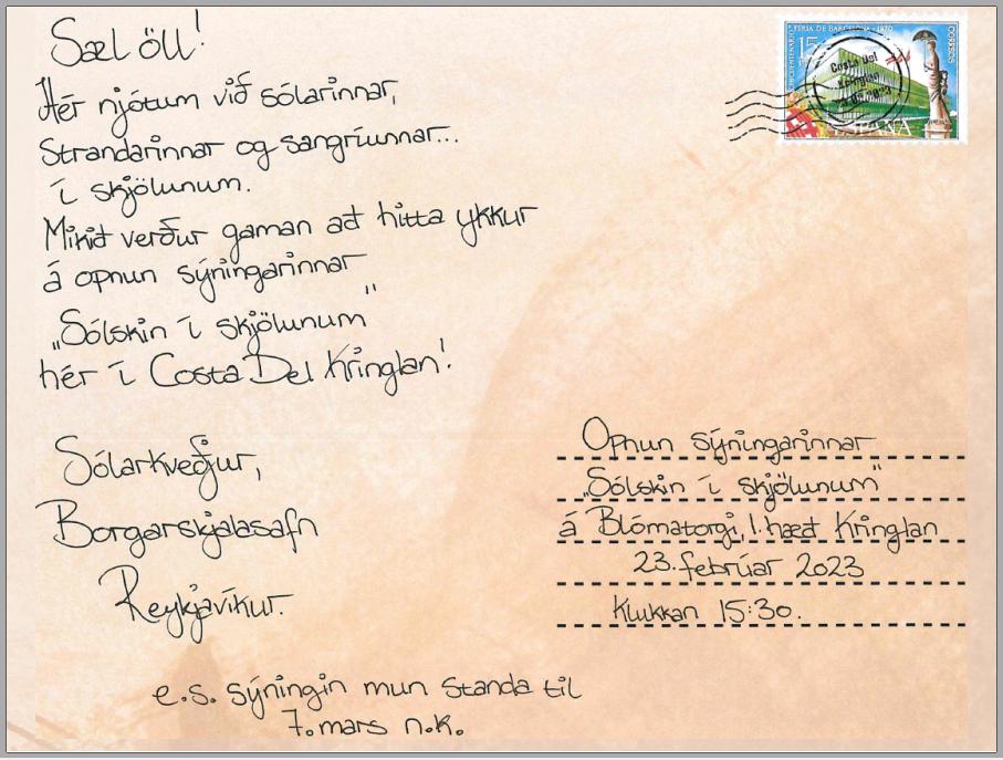 Boðskort á sýninguna Sólskin í skjölunum 
