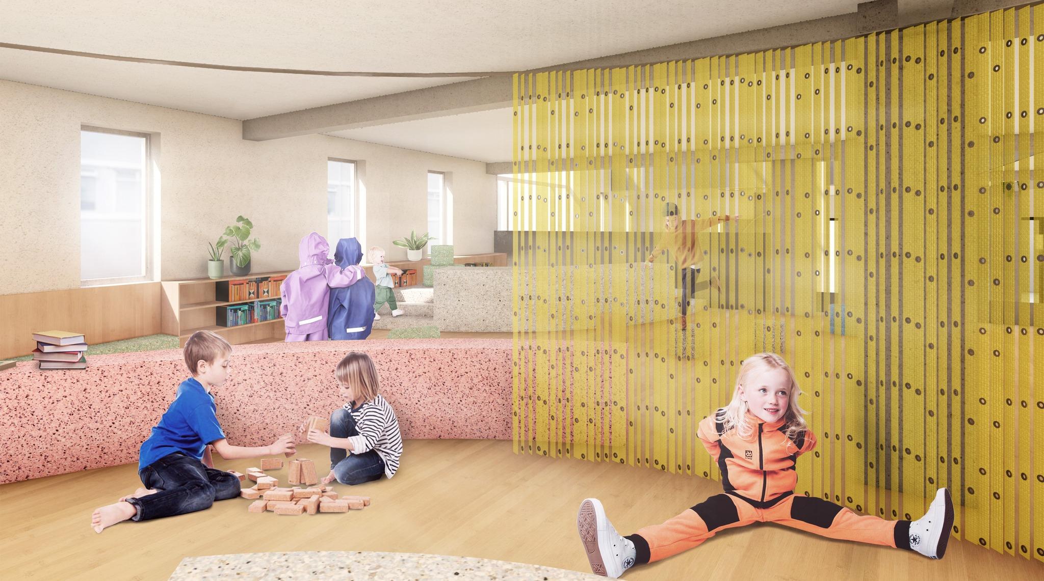 Teikning af framtíðarskipulagi Borgarbókasafnsins í Grófinni