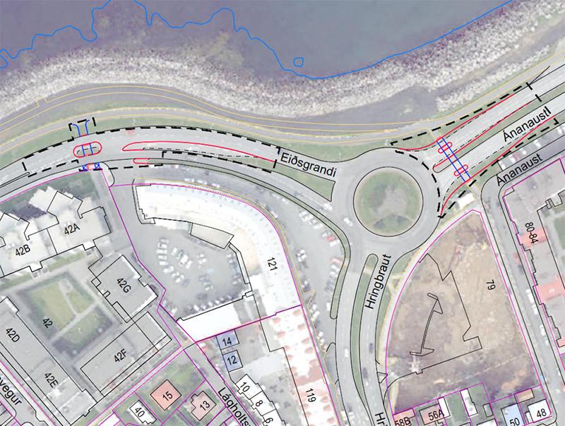 teikning af hringtorgi við Ánanaust, Eiðsgranda og Hringbraut.