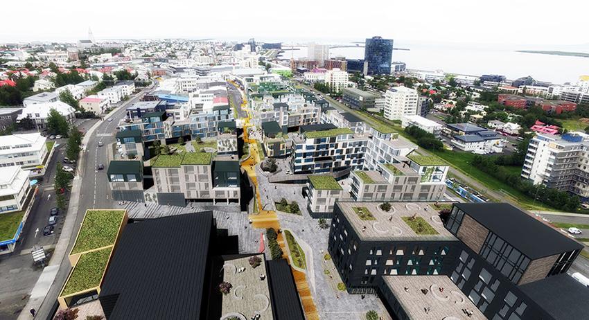 In 2017, a closed idea competition was held for a comprehensive land-use plan for the plot bounded by Laugavegur, Bolholt, Skipholt, Brautarholt, and Nóatún.  This is a picture from the winning proposal.