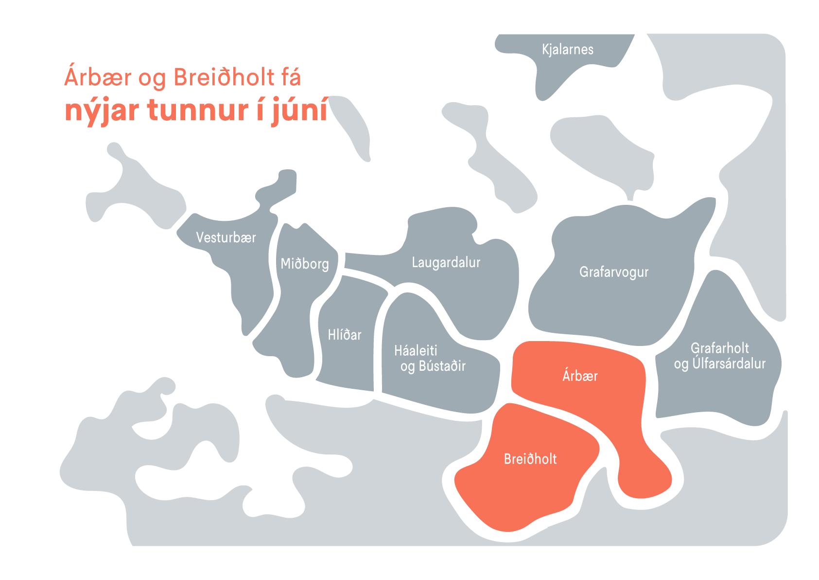 Árbær og Breiðholt fá nýjar tunnur í júní.