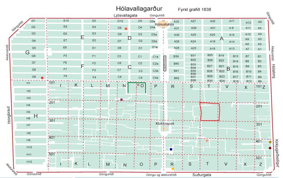 Kort af staðsetningu leiðis Bríetar Bjarnhéðinsdóttur í Hólavallakirkjugarði