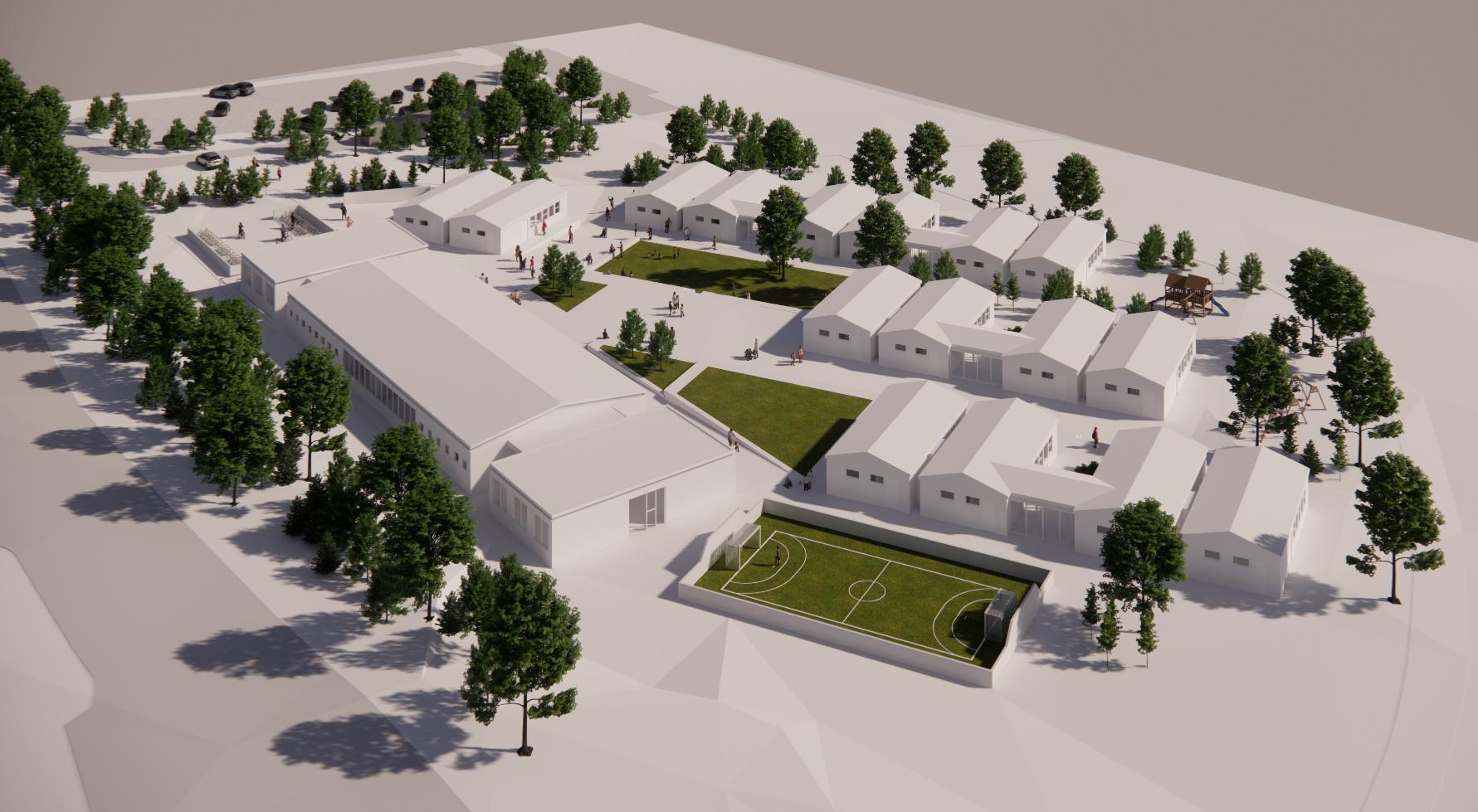 Yfirlitsmynd af skólaþorpinu eins og það mun líta út þegar það er að fullu tilbúið.