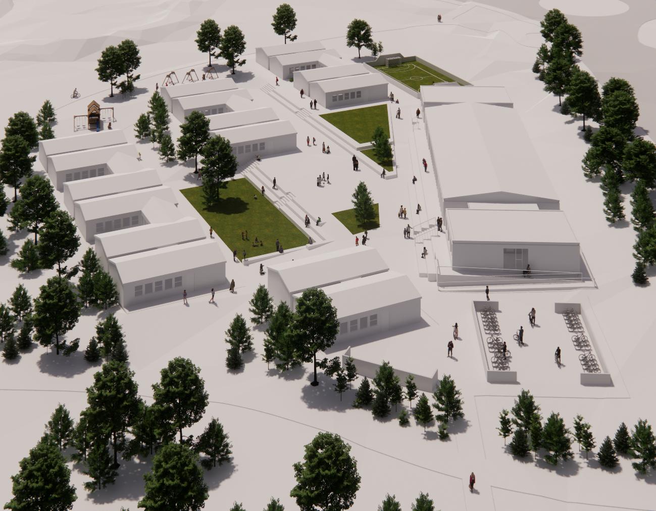 Yfirlitsmynd af skólaþorpinu eins og það mun líta út þegar það er að fullu tilbúið.