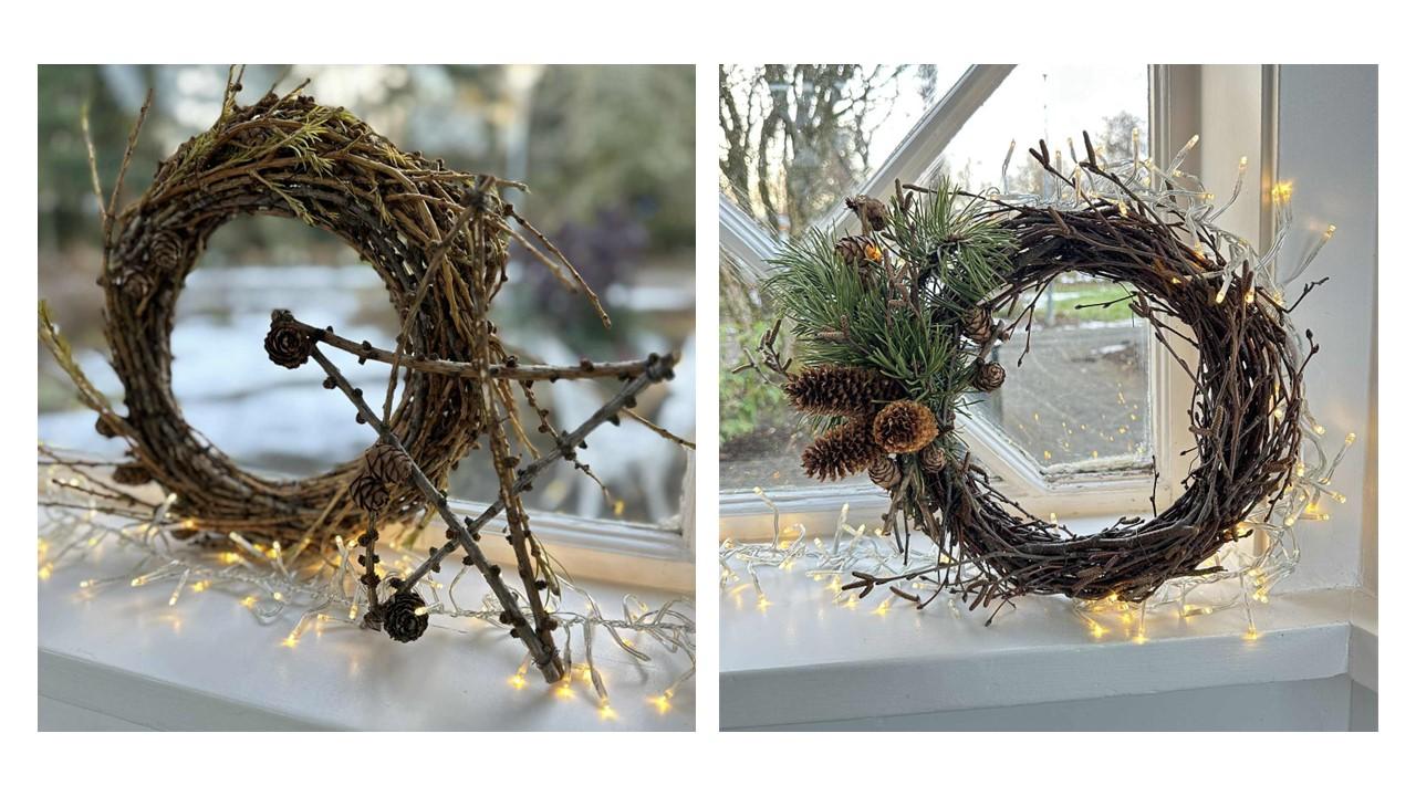 Mynd af jólakrönsum úr náttúrulegum efniviði