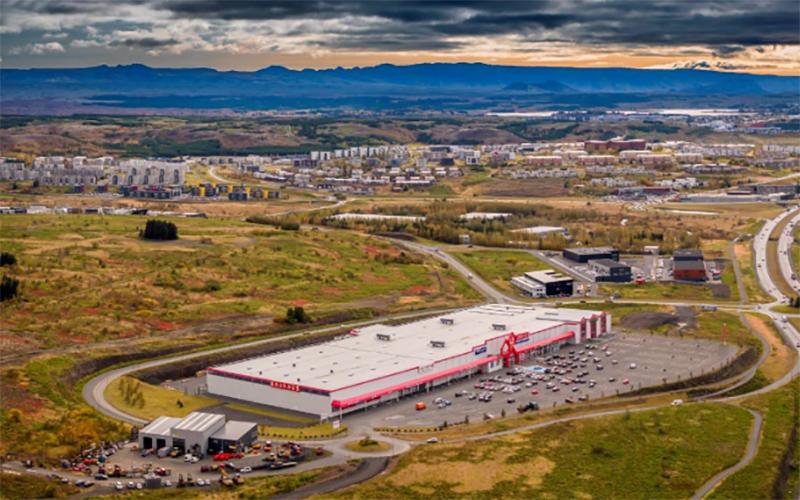 Loftmynd af Bauhaus og landi Lambhaga.