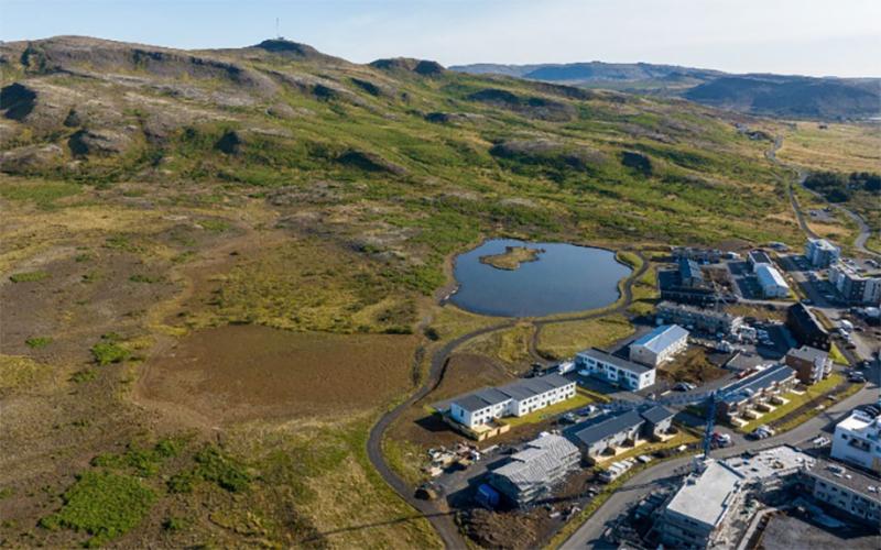 Loftmynd af Leirtjörn, austan megin við Halla.