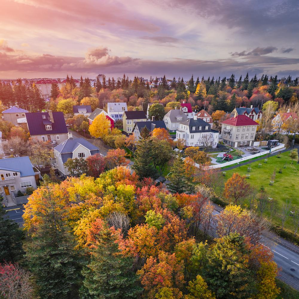 loftmynd af Reykjavík, húsum og gróðri