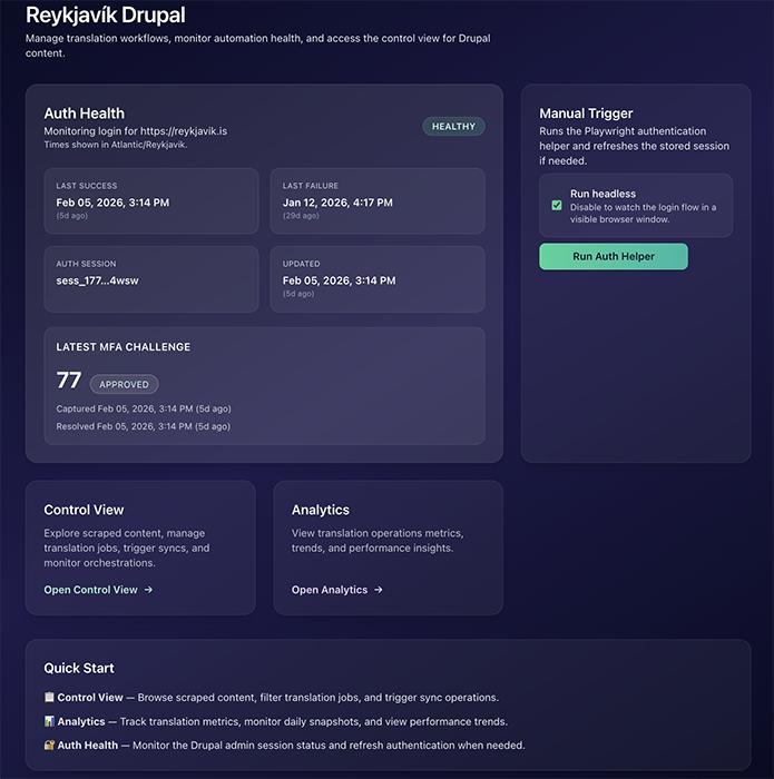 Skjáskot úr kerfi fyrir sjálfvirka þýðingu.