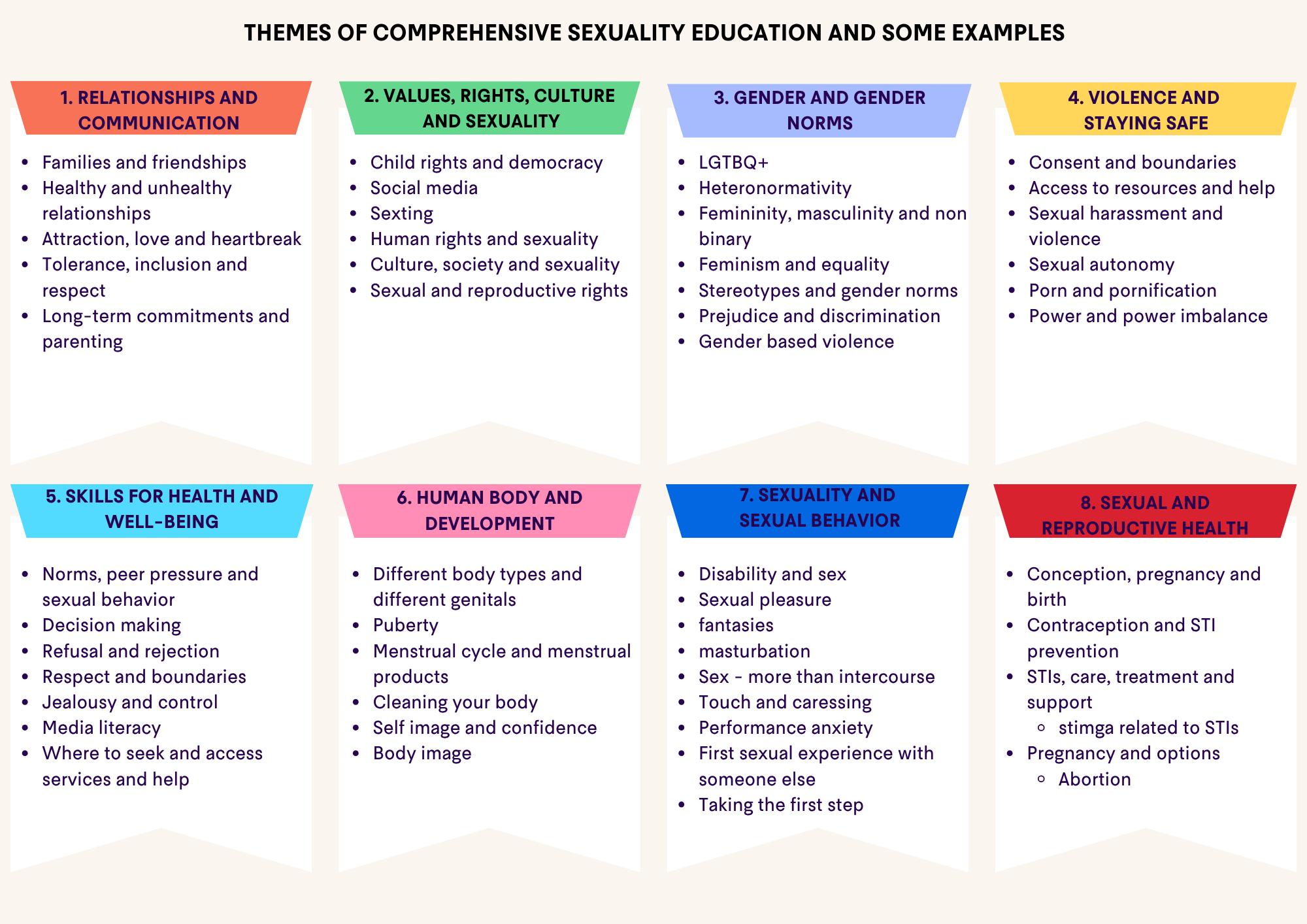 The image shows UNESCO's themes for comprehensive sexuality education and examples of what falls under each theme. The list is not exhaustive and not all are relevant for all ages. The themes are Relationships and communication, values, rights, culture and sexuality. Gender and gender roles, safety and violence, skills for well-being and improved health, the body and development, sexuality and sexual behavior, gender and reproductive health.