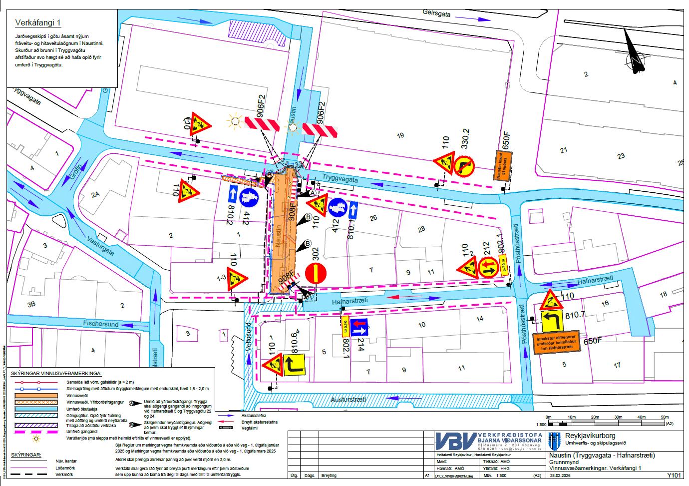 Yfirlitsteikning af framkvæmdum við Naustin á milli Tryggvagötu og Hafnarstrætis