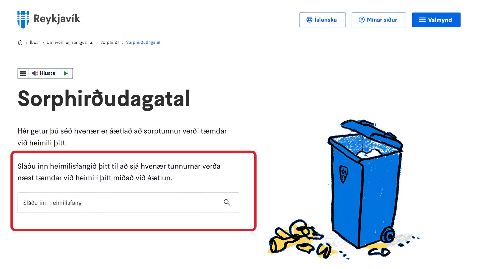 Skjáskot af vefsíðu sorphirðudagatals. Rauður kassi sýnir hvar íbúar slá inn heimilsfang