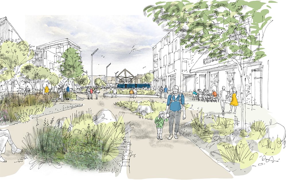 Illustration of greenery and relaxed public life along Miklabraut.