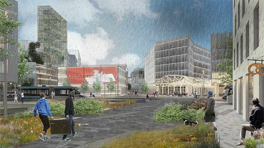 Rendering of Snorrabraut. Many buildings, a street, and greenery.