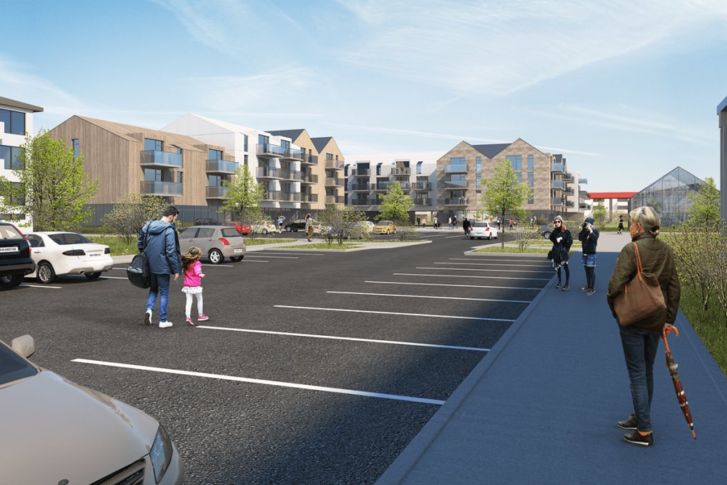 Computer-generated image of Arnarbakki according to the neighborhood plan. Street, houses and people