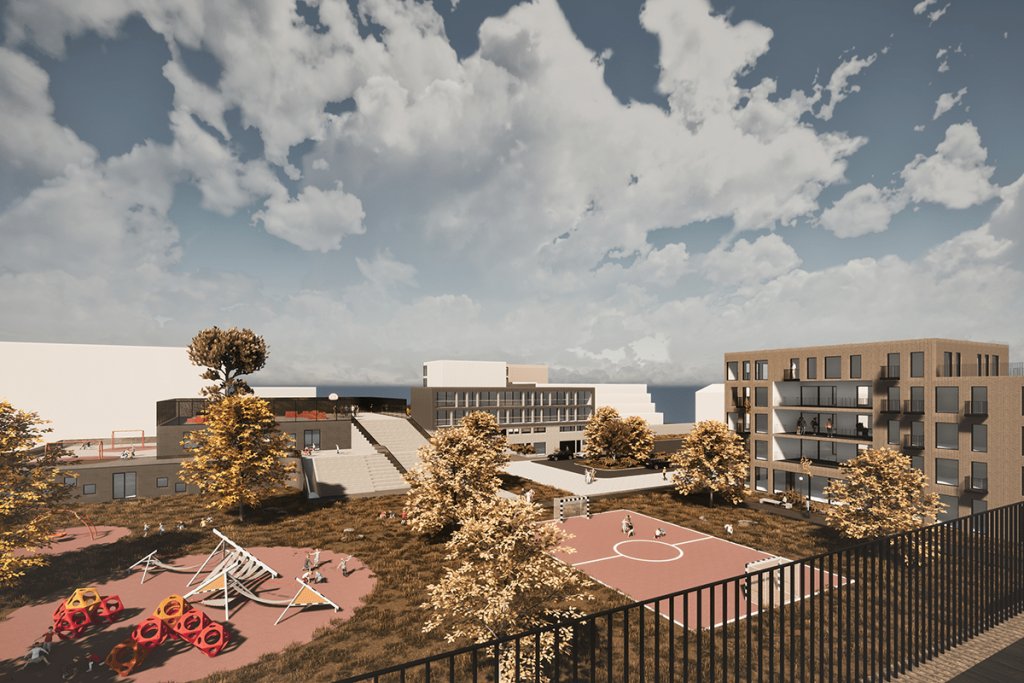 Illustration of the proposed preschool area in Fellahverfi. Preschool grounds and building.