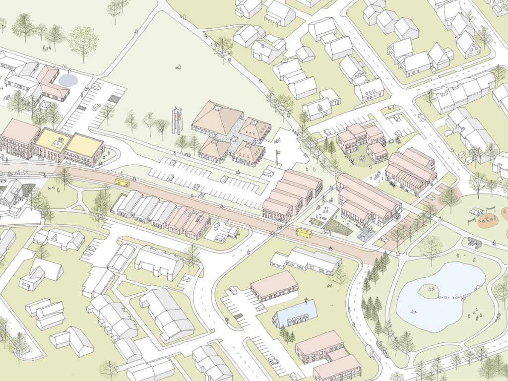 Illustration of Rangársel showing how development could potentially occur in the area. Aerial view of houses, streets and vegetation