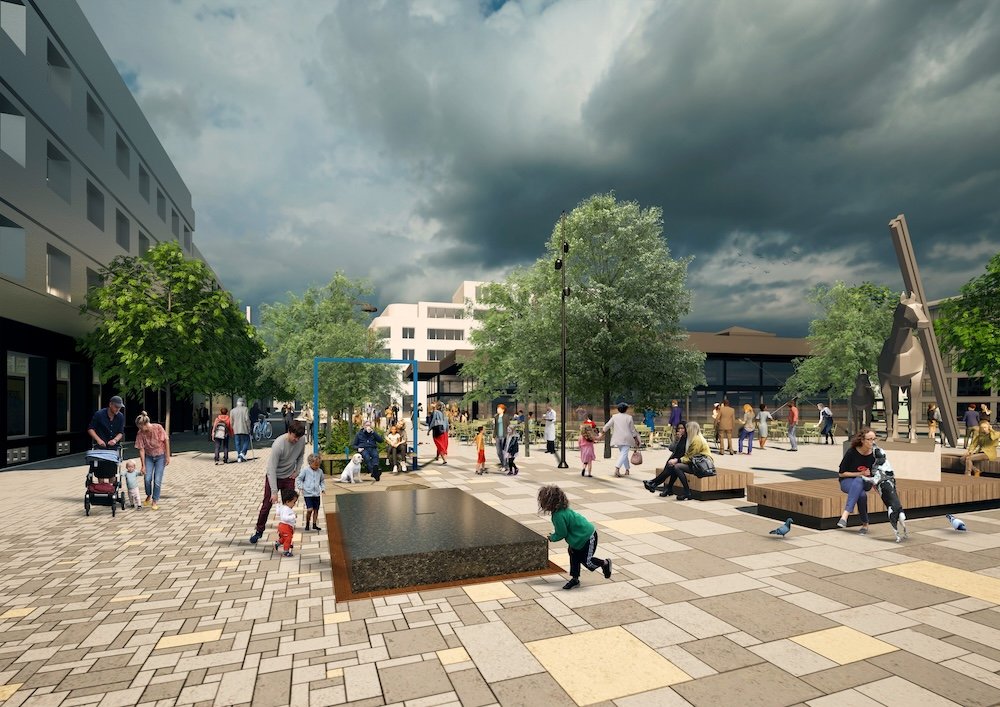 Drawing of the new Hlemmur. Children playing, trees, art and a paved sidewalk.