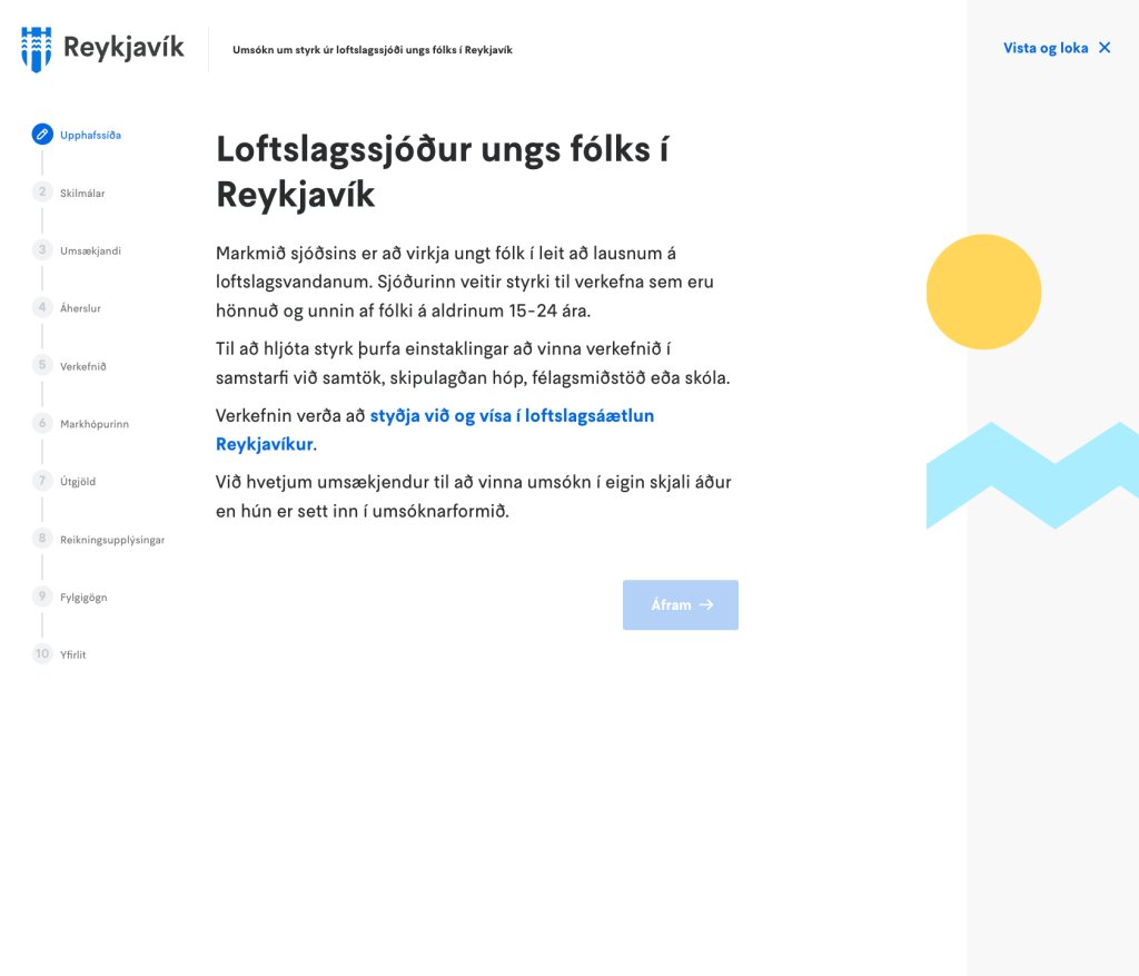Skjáskot af umsókn um styrk úr loftslagssjóði ungs fólks í Reykjavík