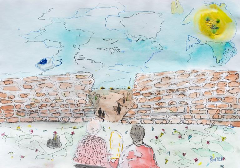 Teikning úr myndlistarsamkeppni grunnskólabarna um frið.