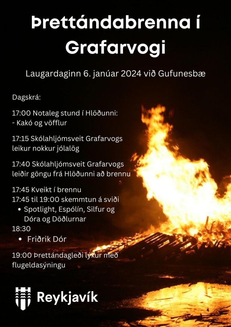 Auglýsing fyrir þrettándabrennu í Grafarvogi.